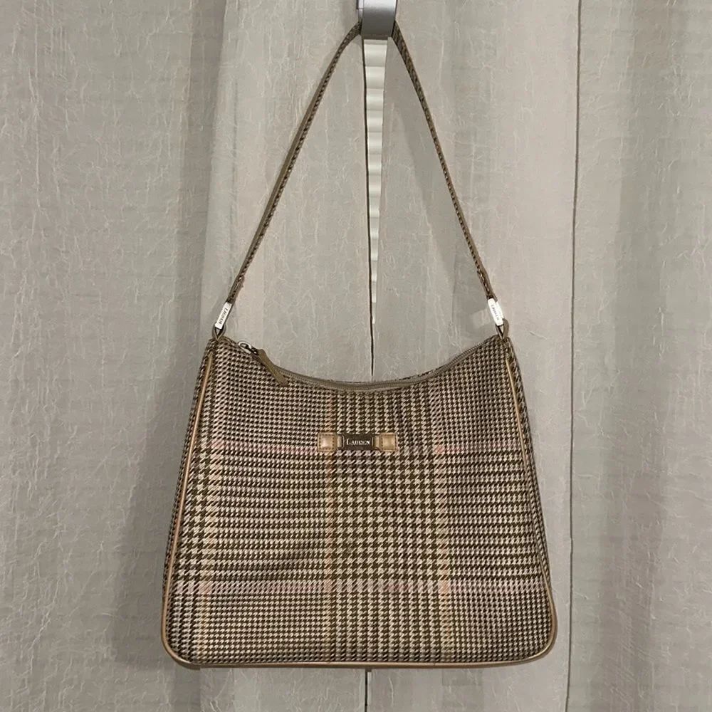 LRL Ivory Tan White Pink Gold Houndstooth Leather Silver Tone Hardware Hobo Bag - Picture 3 of 16